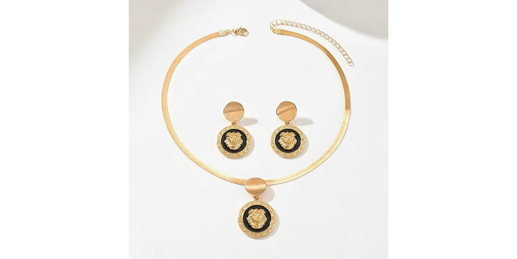 2pcs Set Golden Snake Bone Chain Necklace and Earrings Set - Classic Luxury Lion Head Pendant