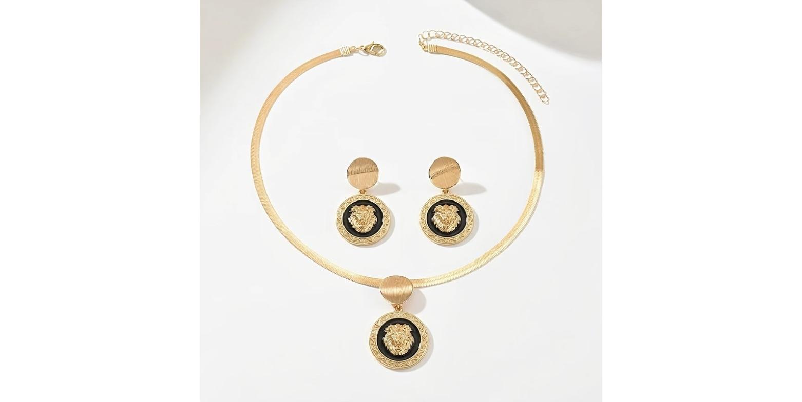2pcs Set Golden Snake Bone Chain Necklace and Earrings Set - Classic Luxury Lion Head Pendant