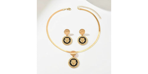 2pcs Set Golden Snake Bone Chain Necklace and Earrings Set - Classic Luxury Lion Head Pendant