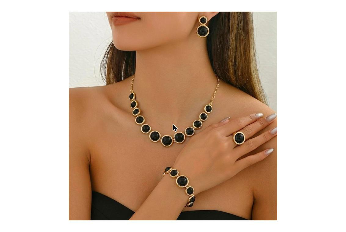 4pcs LXALRY Women' Black & Beaded Jewelry Set - Modern Minimalist Light Luxury Necklace, Earrings, Ring & Bracelet