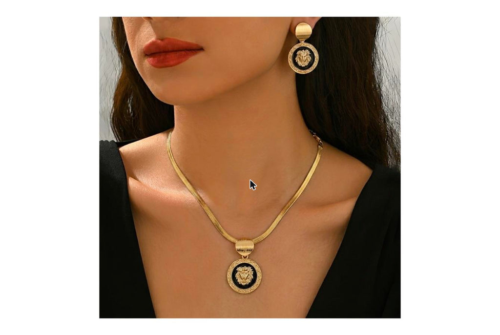2pcs Set Golden Snake Bone Chain Necklace and Earrings Set - Classic Luxury Lion Head Pendant