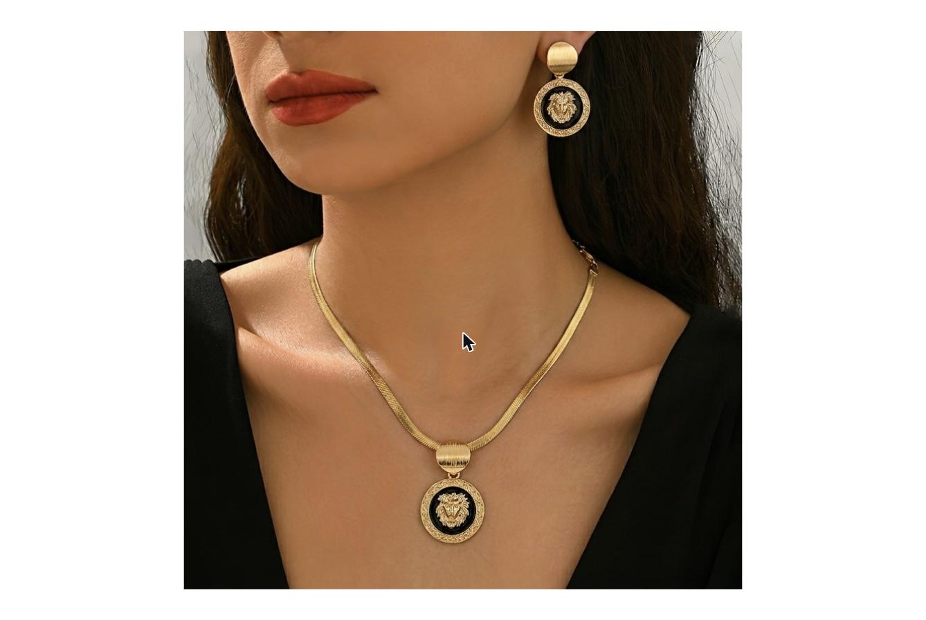 2pcs Set Golden Snake Bone Chain Necklace and Earrings Set - Classic Luxury Lion Head Pendant