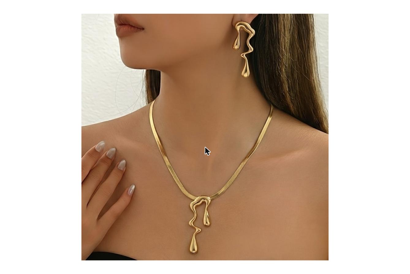 2pcs Set Fashion Minimalist Golden Liquid Flow + Irregular Teardrop Pendant Necklace and Earrings Set