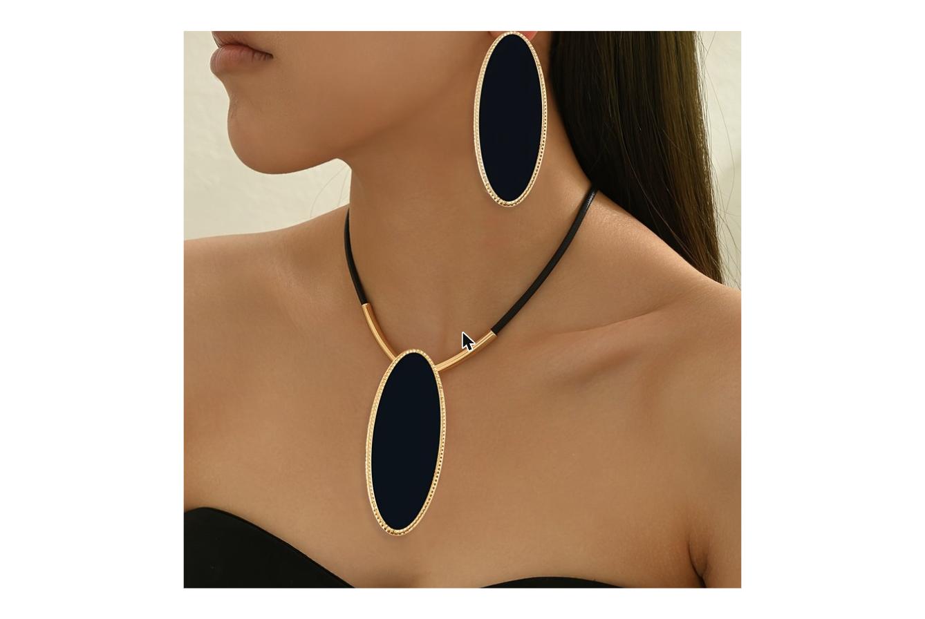 3pcs Geometric Oval Charm Punk Style Black Drop Necklace and Earrings Set